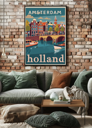 Amsterdam Holland Autumn Canal Houses Vintage Travel Poster