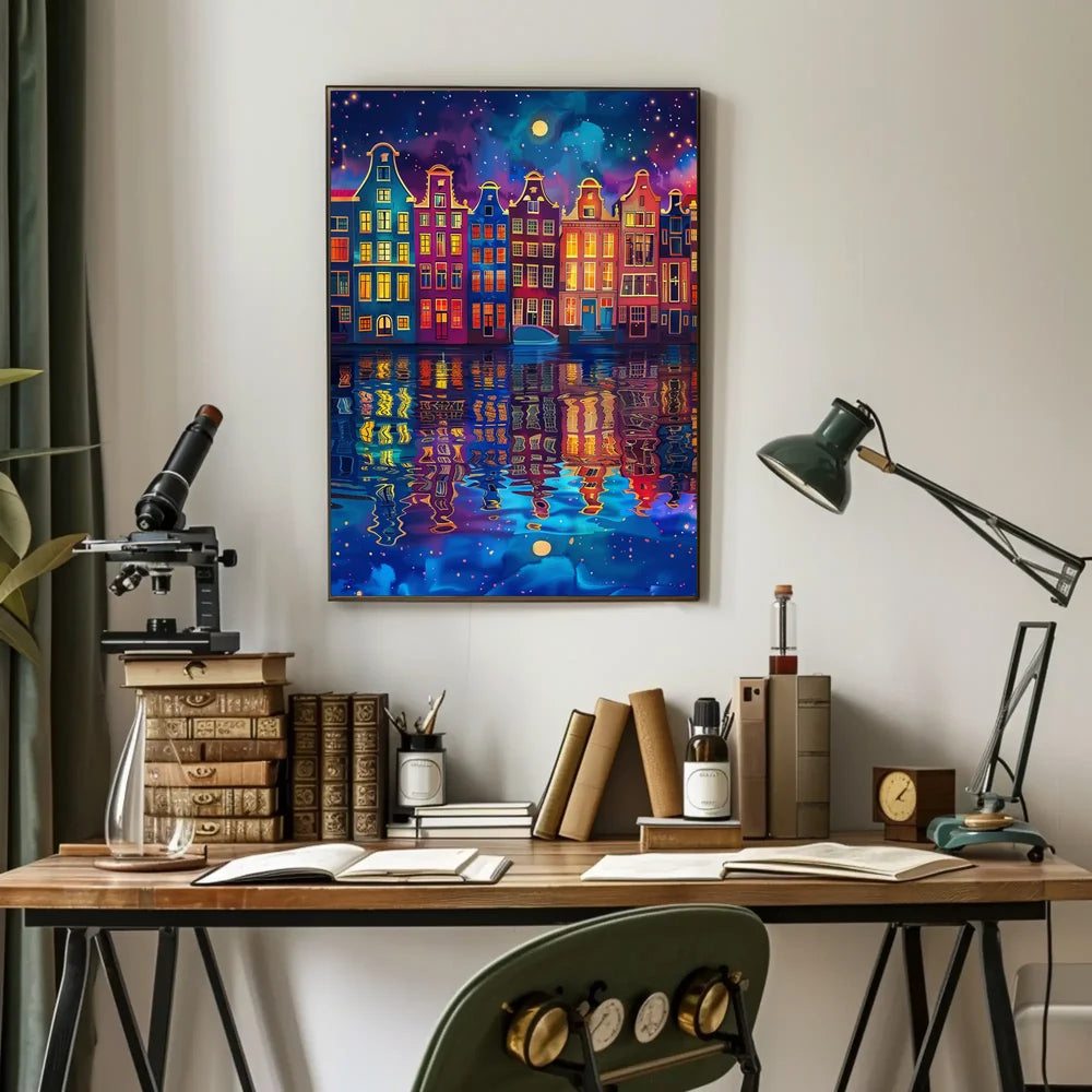 Colorful Dutch Canal Houses Under Starry Night Sky