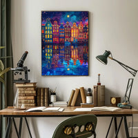 Colorful Dutch Canal Houses Under Starry Night Sky
