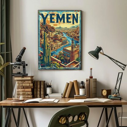 Yemen Traditional Architecture River Valley Travel Poster