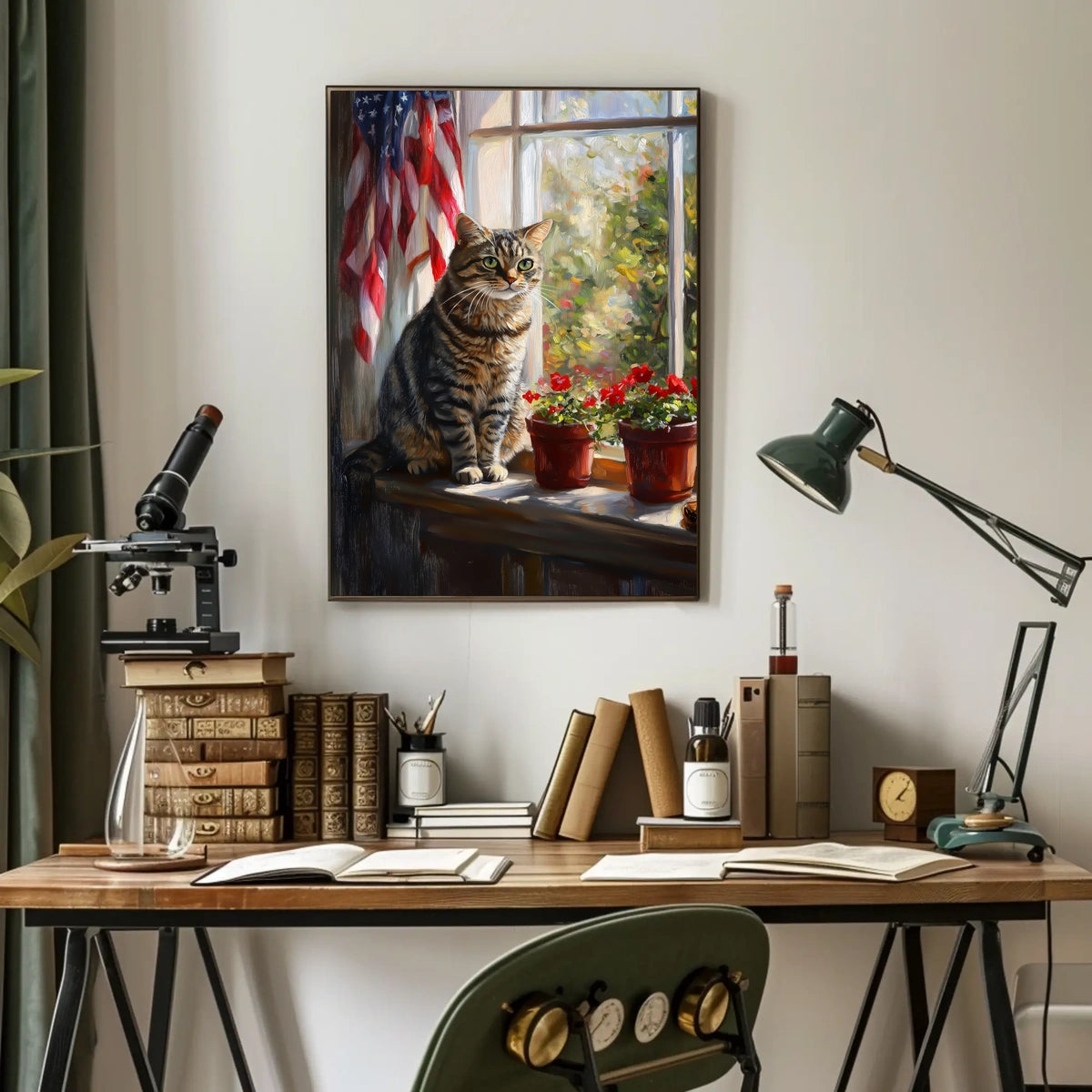 tabby cat sitting in a windowsill Poster