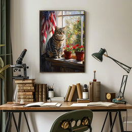 tabby cat sitting in a windowsill Poster