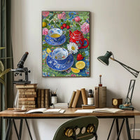 Vibrant Floral Tea Scene Poster with Artistic Poster PosterGoat