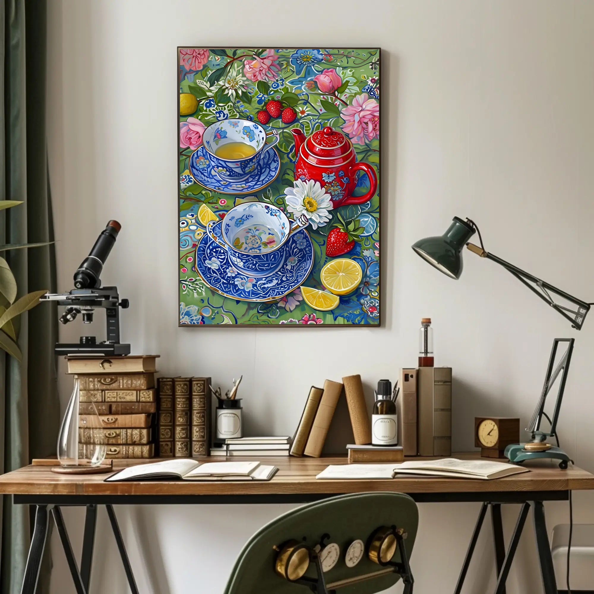 Vibrant Floral Tea Scene Poster with Artistic Poster PosterGoat