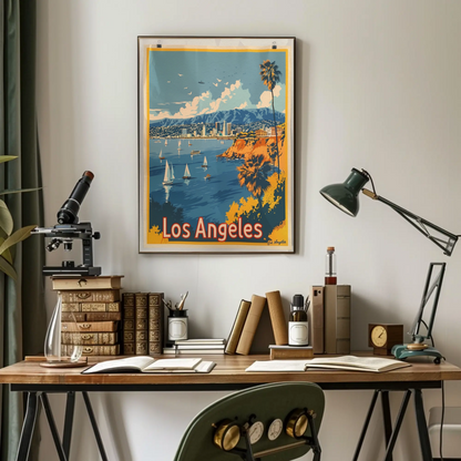 Los Angeles Coastline Sailboats Skyline Sunset Travel Poster