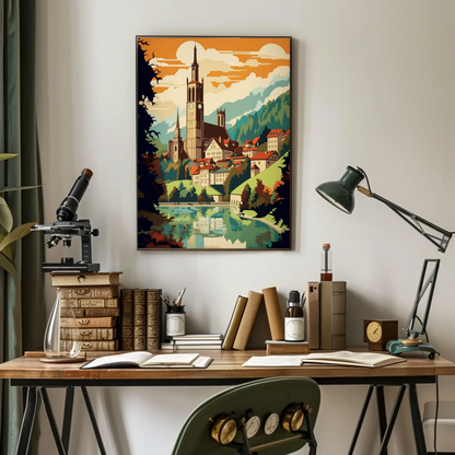 Alpine Village Church Tower Mountain View Travel Poster
