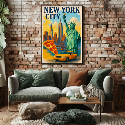 New York City Pizza Taxi Skyline Vintage Travel Poster