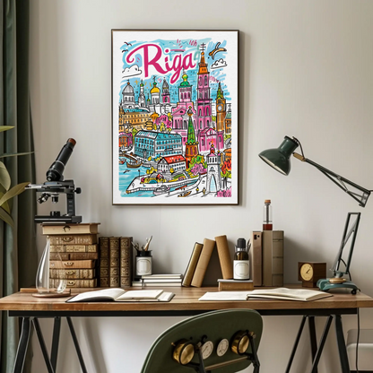 Riga Latvia Colorful Old Town Skyline Travel Poster