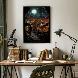 Moonlit Market In A Futuristic City Poster