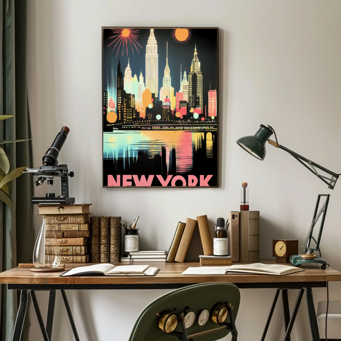 New York Night Skyline Neon Glow Lights Poster