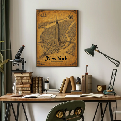 New York Empire State Historic Map Detailed Aerial Travel Poster