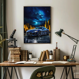 Sleek Modern Sports Car in Urban Night Futuristic Sci-Fi Poster