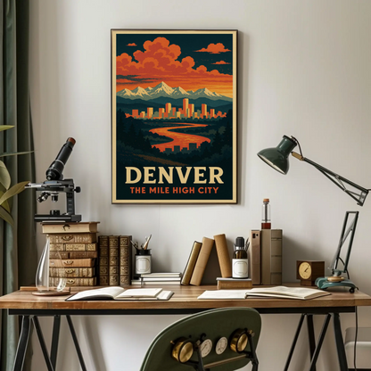Denver Colorado Sunset Skyline Mountains Travel Poster