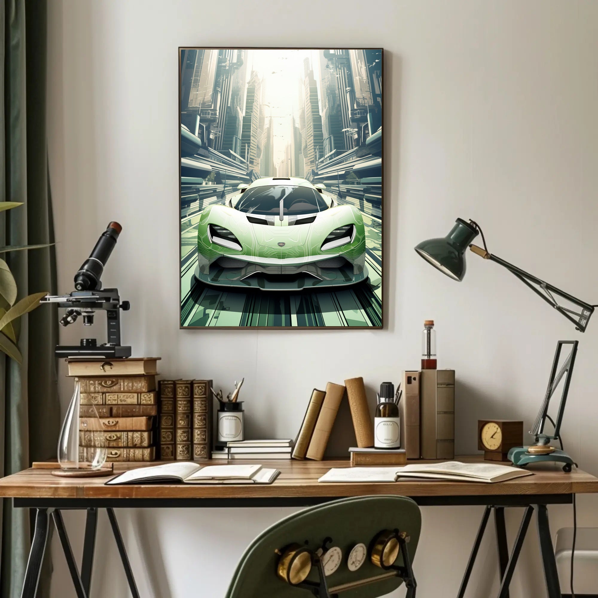 Futuristic Supercar in a Modern Cityscape Poster PosterGoat