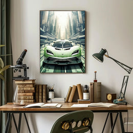 Futuristic Supercar in a Modern Cityscape Poster PosterGoat