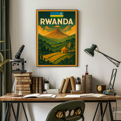 Rwanda Flag and Fields Sunset Travel Poster