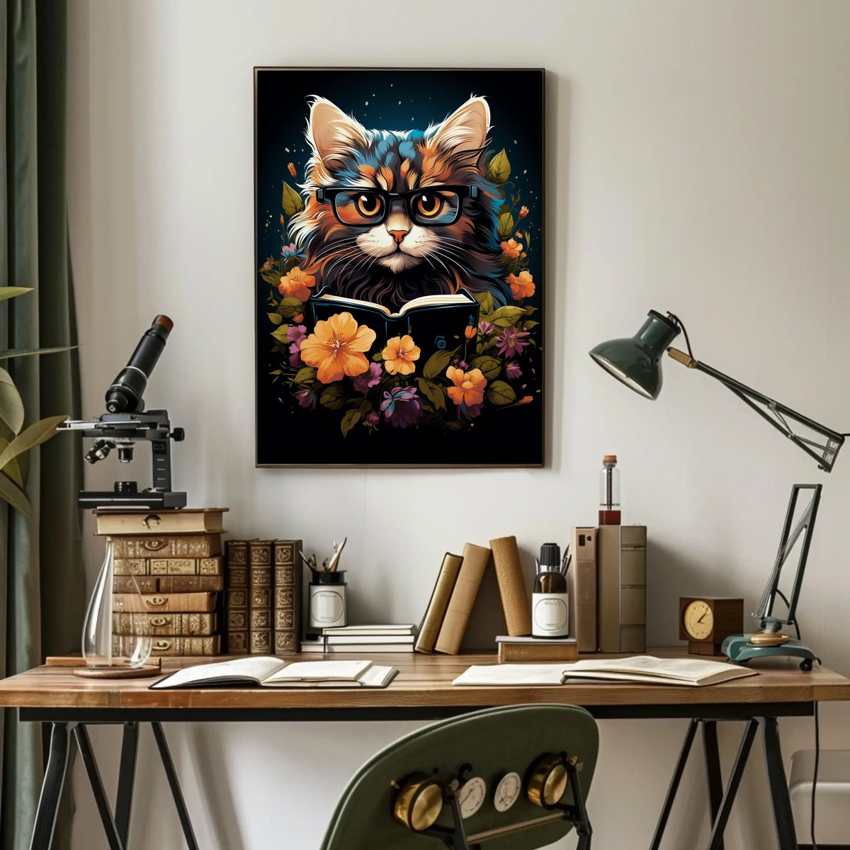 Whimsical Cat Glasses Poster with Vibrant Flowers
