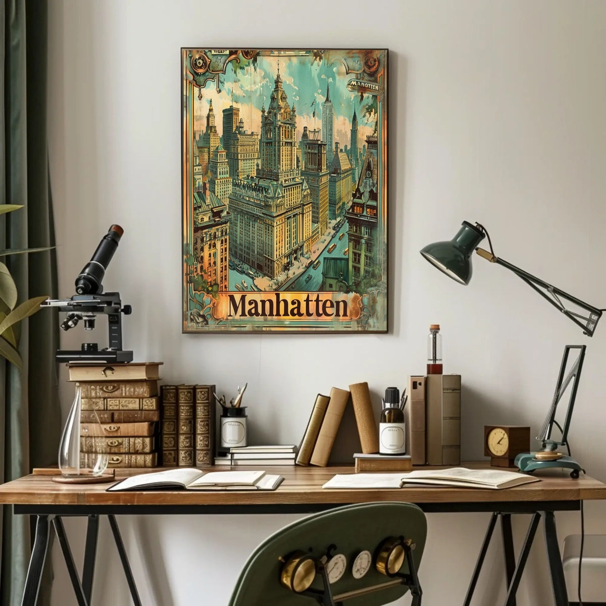 Vintage Manhattan Skyscrapers Nostalgic Urban Art Poster