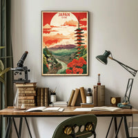 Vintage Travel Poster Featuring Japan's Mount Fuji and Pagoda