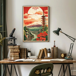 Vintage Travel Poster Featuring Japan's Mount Fuji and Pagoda