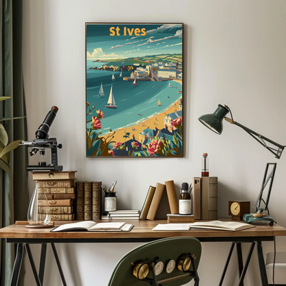 St Ives Cornwall Coastline Sailboats Flowers Travel Poster