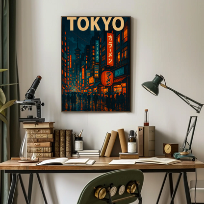 Tokyo Night Rain Lantern Travel Poster