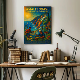 Amalfi Coast Vintage Travel Poster: Vibrant Seaside Art