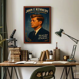 The poster is a vintage-inspired tribute to John F. Kennedy, emphasizing his leadership Travel Poster