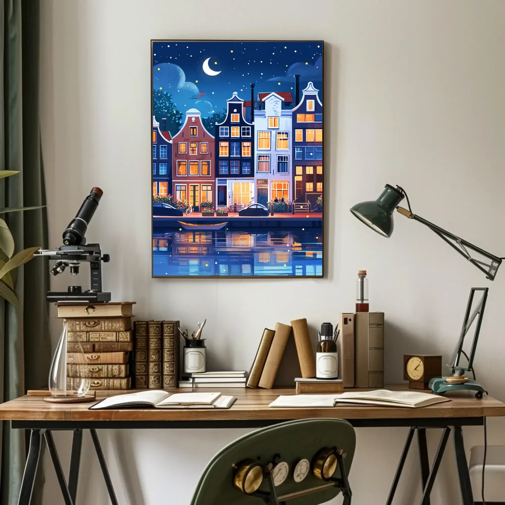 Enchanting European Nightscape: Whimsical Canal Poster