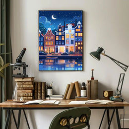 Enchanting European Nightscape: Whimsical Canal Poster