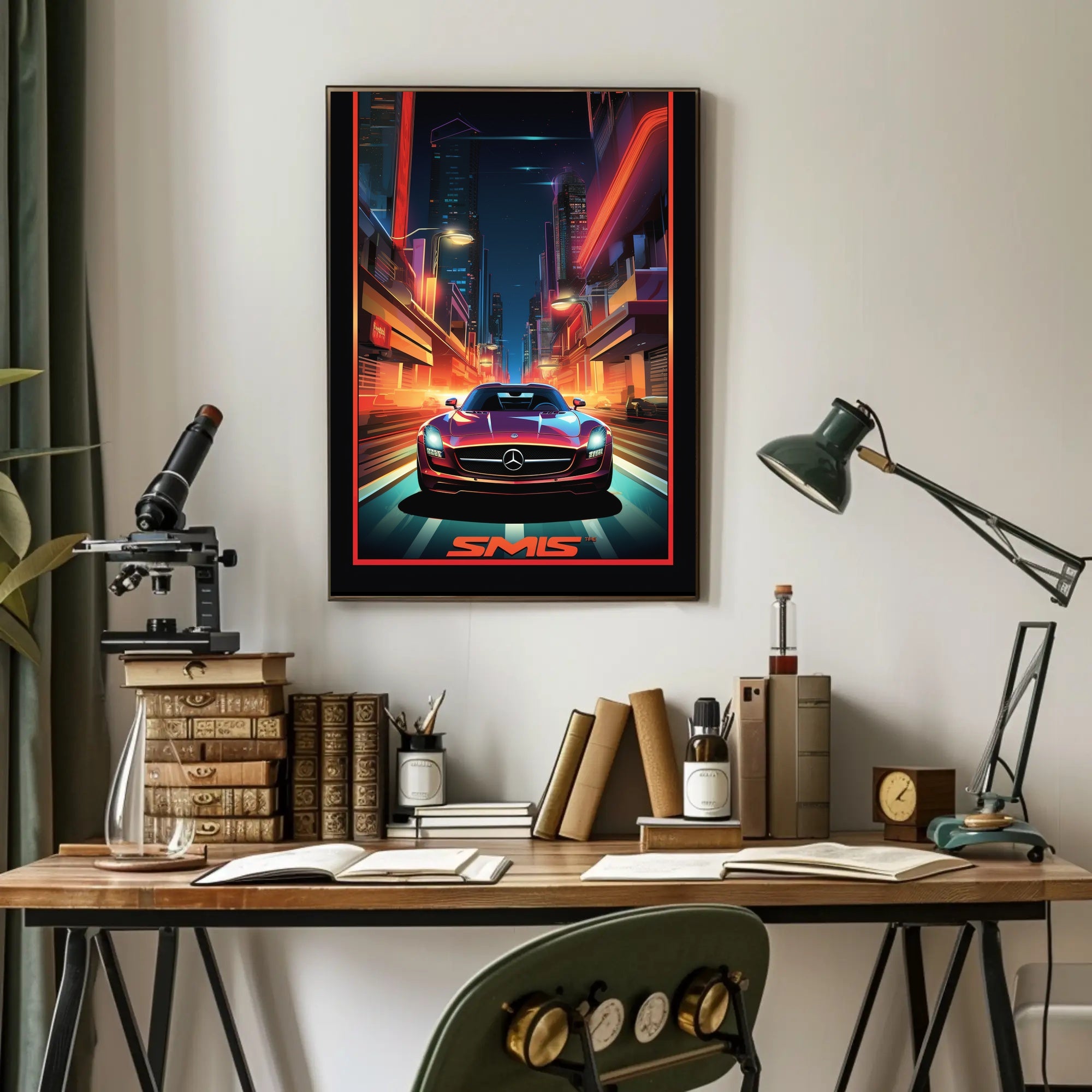 Sleek Sports Car in Vibrant Futuristic Sci-Fi Poster