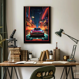 Sleek Sports Car in Vibrant Futuristic Sci-Fi Poster