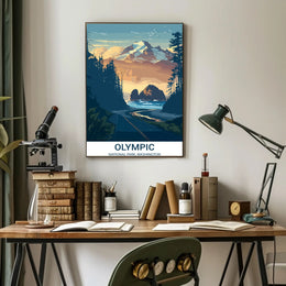 Olympic National Park travel poster with vintage-modern blend