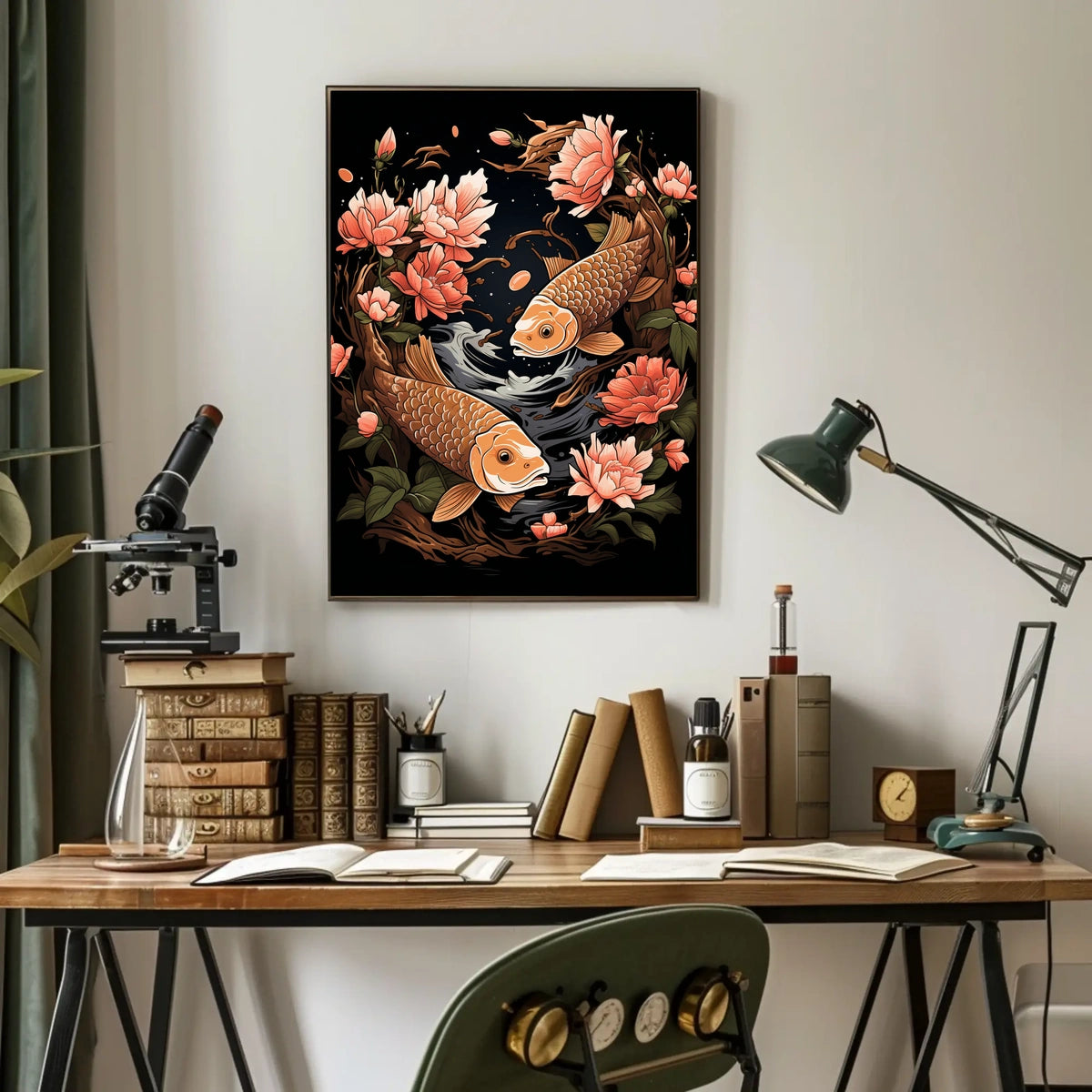 Koi Fish and Peony Japanese Art Poster