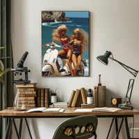 Beach Glamour: Vibrant Dolls on Scooter Travel Poster PosterGoat