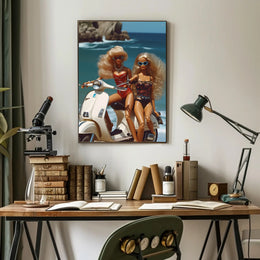 Beach Glamour: Vibrant Dolls on Scooter Travel Poster PosterGoat