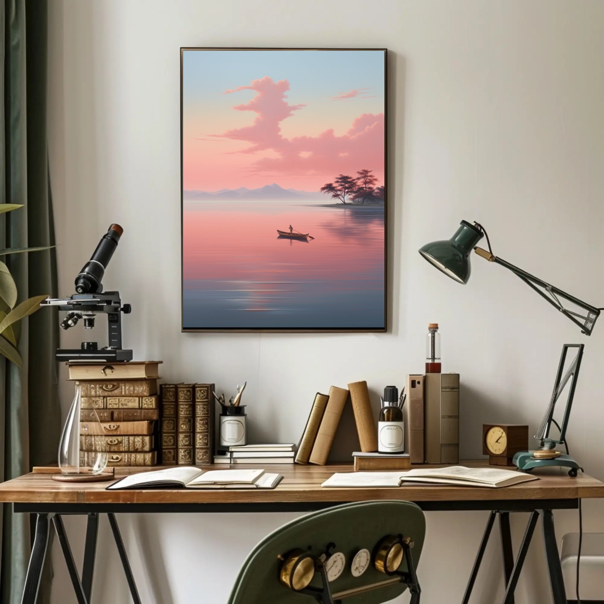 Tranquil Rowboat Scene: Minimalist Nature Inspired Artistic Poster