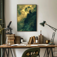 Mysterious Cloaked Figure Under Glowing Moon Fantasy Poster