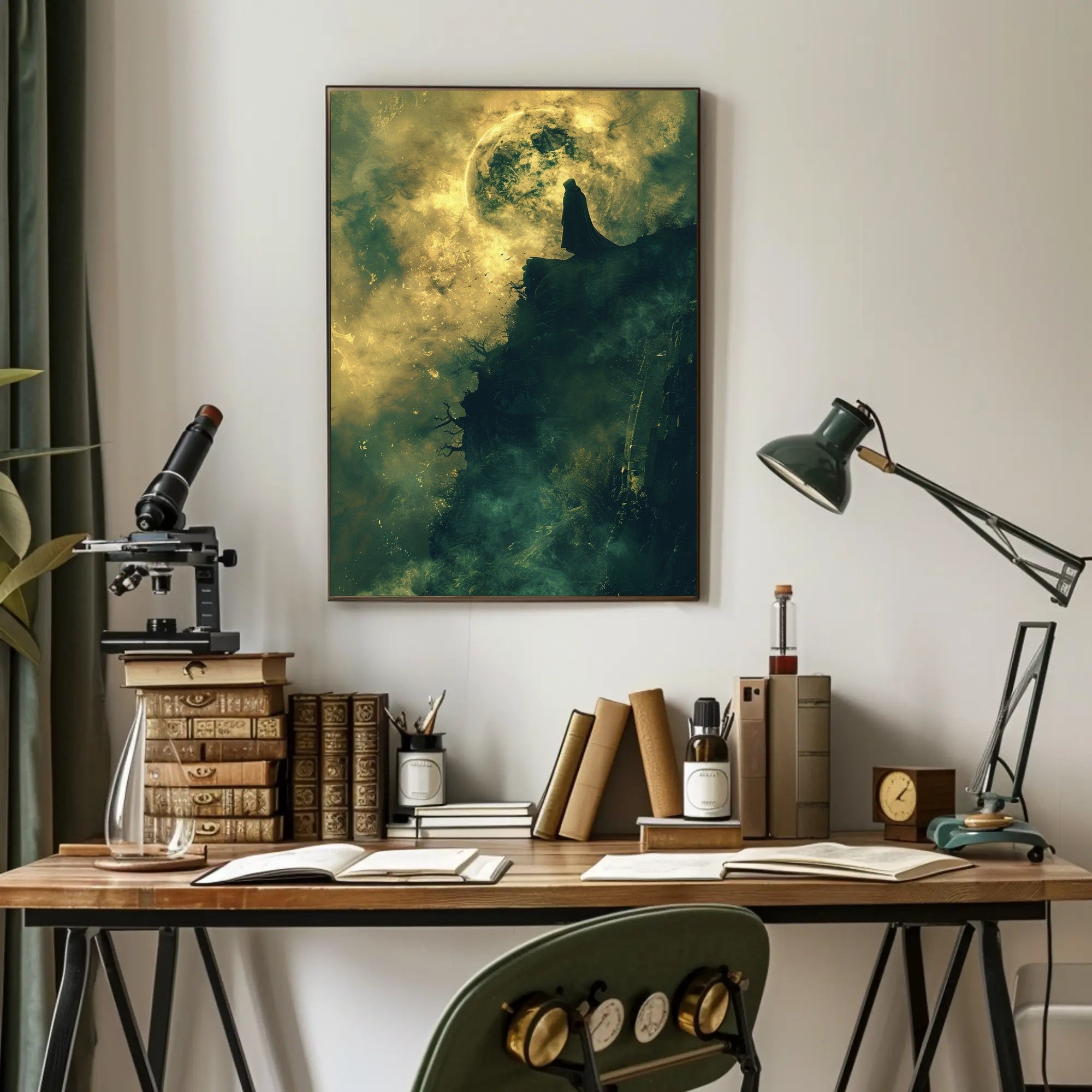 Mysterious Cloaked Figure Under Glowing Moon Fantasy Poster
