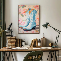 Blue Cowboy Boots Poster Vintage Floral Wall Art