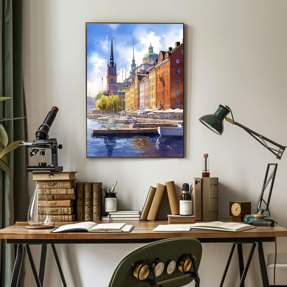 European Waterfront Scene: Vibrant Historical Cityscape Poster