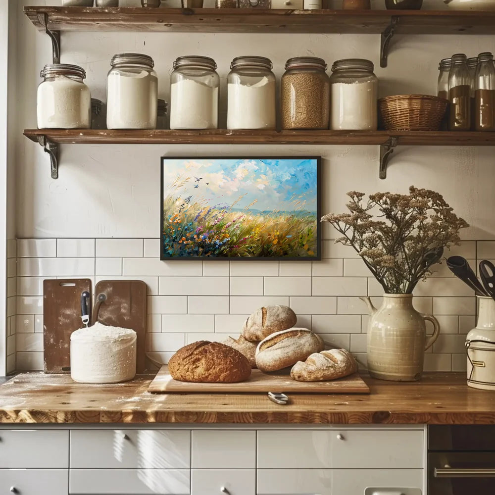 Vibrant Meadow Impressionist Poster with Soaring Birds