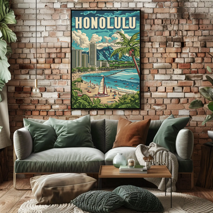 Honolulu Vintage Poster Sailing and Skyscrapers