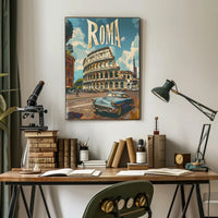 Vintage Rome Colosseum Scene with Classic Car Travel Poster