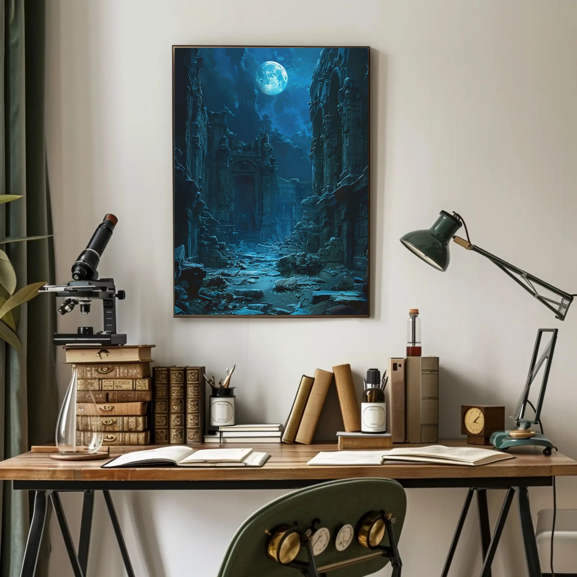 Moonlit Ruins: Enchanted Scene of Ancient Civilization Fantasy Poster PosterGoat