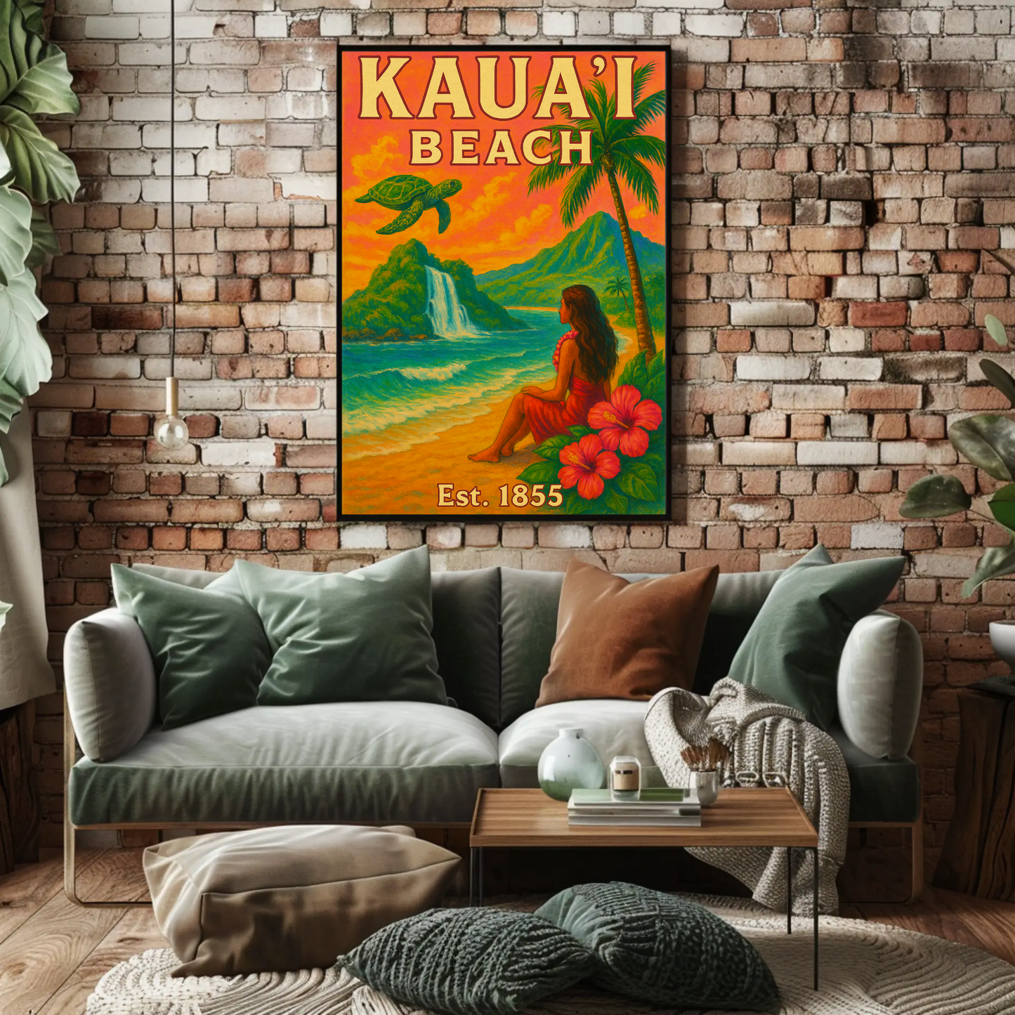 Kauai Beach Hawaii Waterfall Turtle Est 1855 Vintage Travel Poster