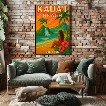Kauai Beach Hawaii Waterfall Turtle Est 1855 Vintage Travel Poster