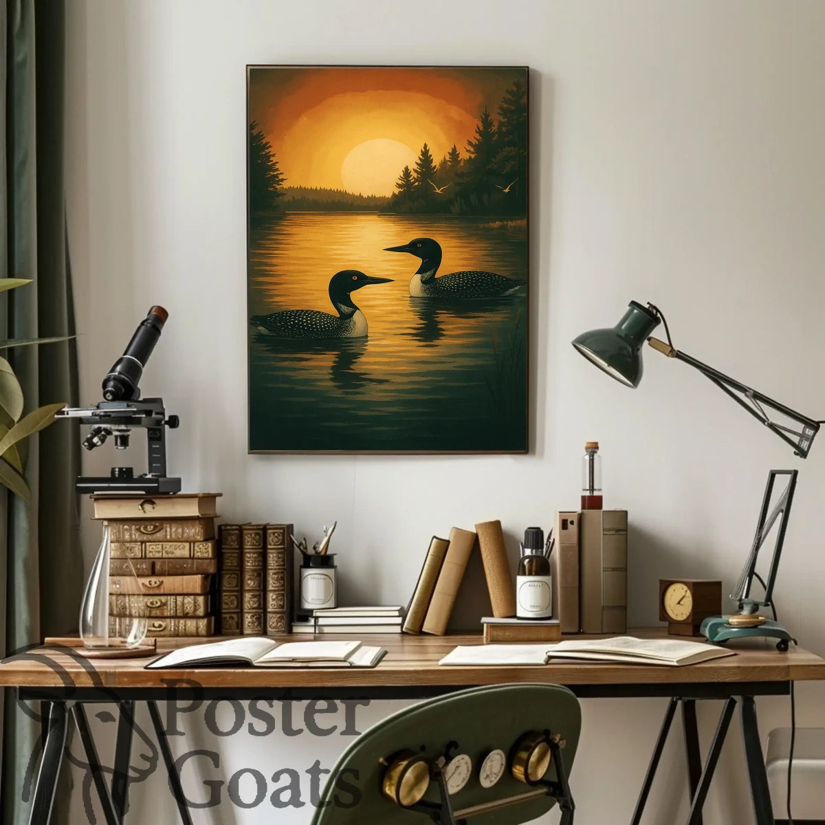 Serene Lake Scene with Loons and Sunset - Animal Poster