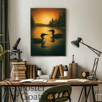 Serene Lake Scene with Loons and Sunset - Animal Poster