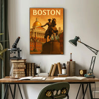Boston's Grandeur: Equine Statue with State House Travel Poster